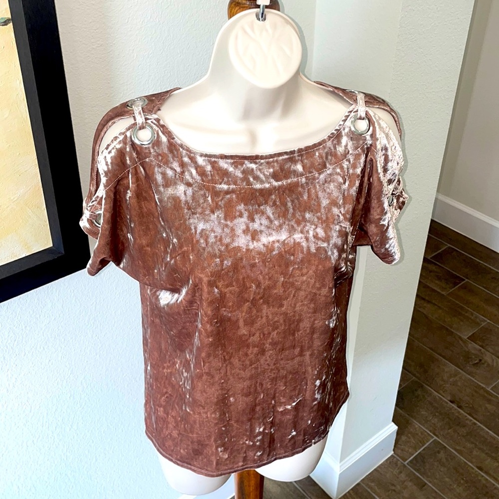 Beautifully made by CABLE AND GAUGE shimmery coppery velvet top sz XS